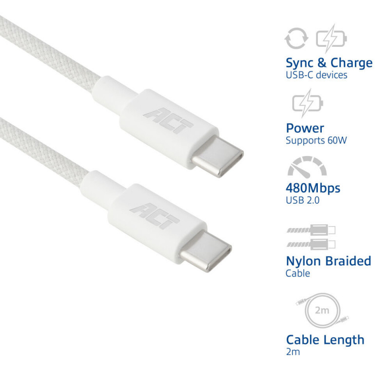Cabo de carregamento/dados USB 2.0 60W ACT USB-C para USB-C, branco, 2 m (AC3081)