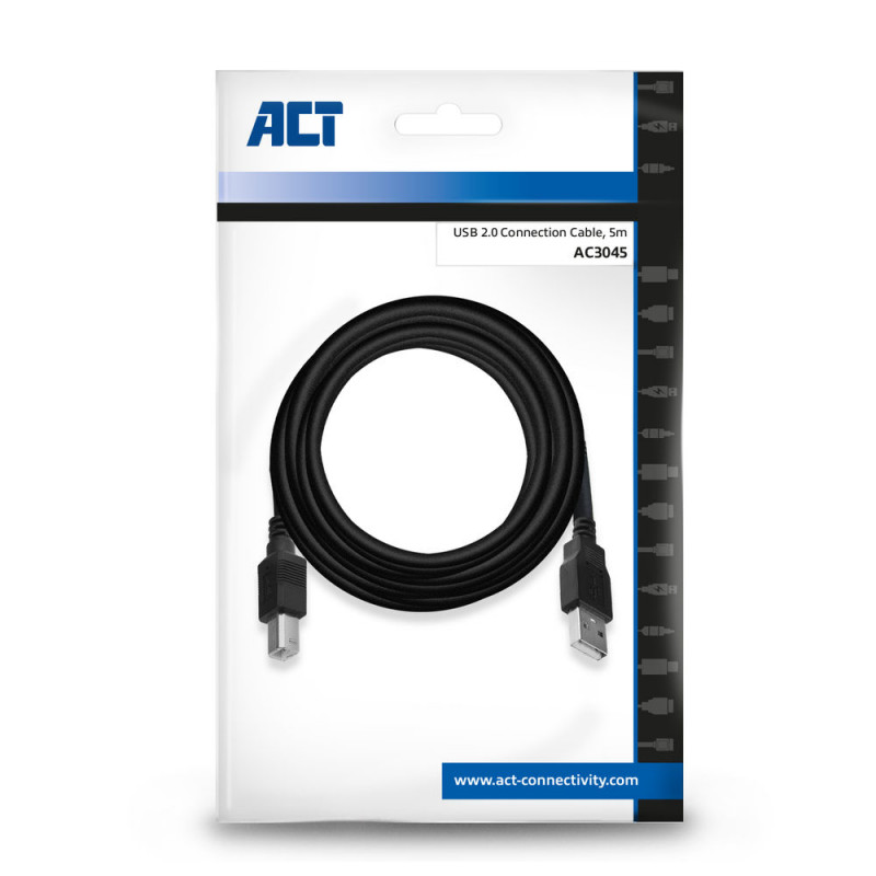 ACT Cabo USB 2.0 AC3045, ficha USB-A para ficha USB-B, 5 m, preto
