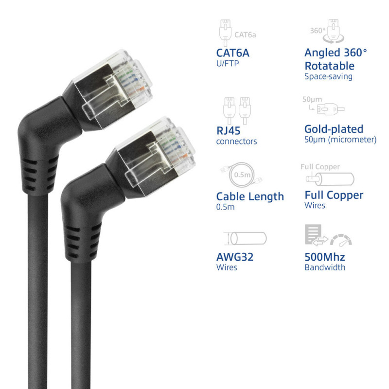 ACT Cabo patch slimline U/FTP CAT6A preto 0,5 m com fichas RJ45 rotativas de 360° angulares DD1900