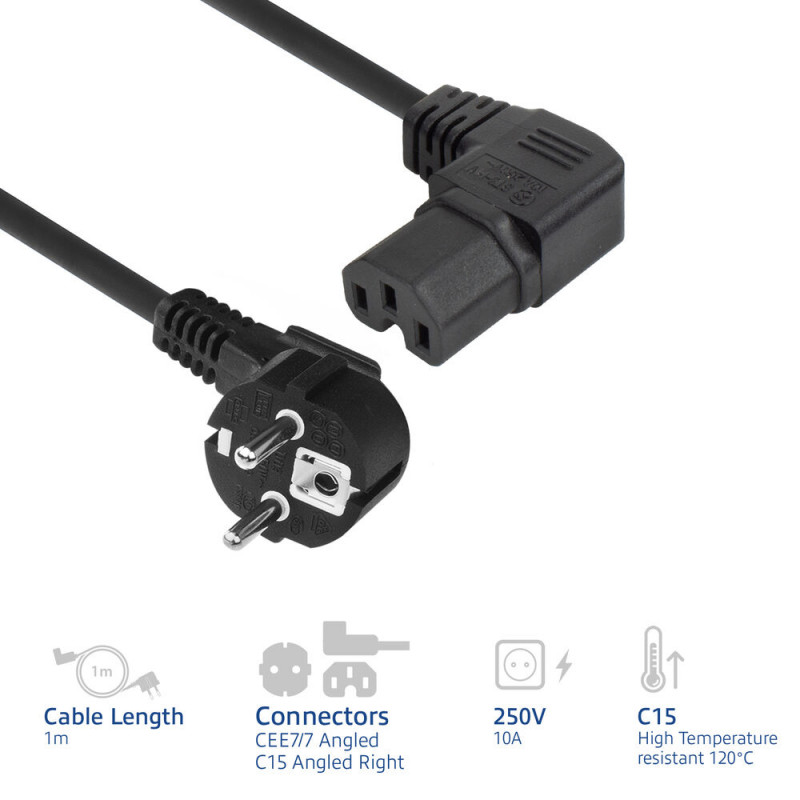 ACT Cabo de alimentação ficha Schuko CEE 7/7 angular para conector fêmea IEC C15 angular direito 1 m preto AK5349