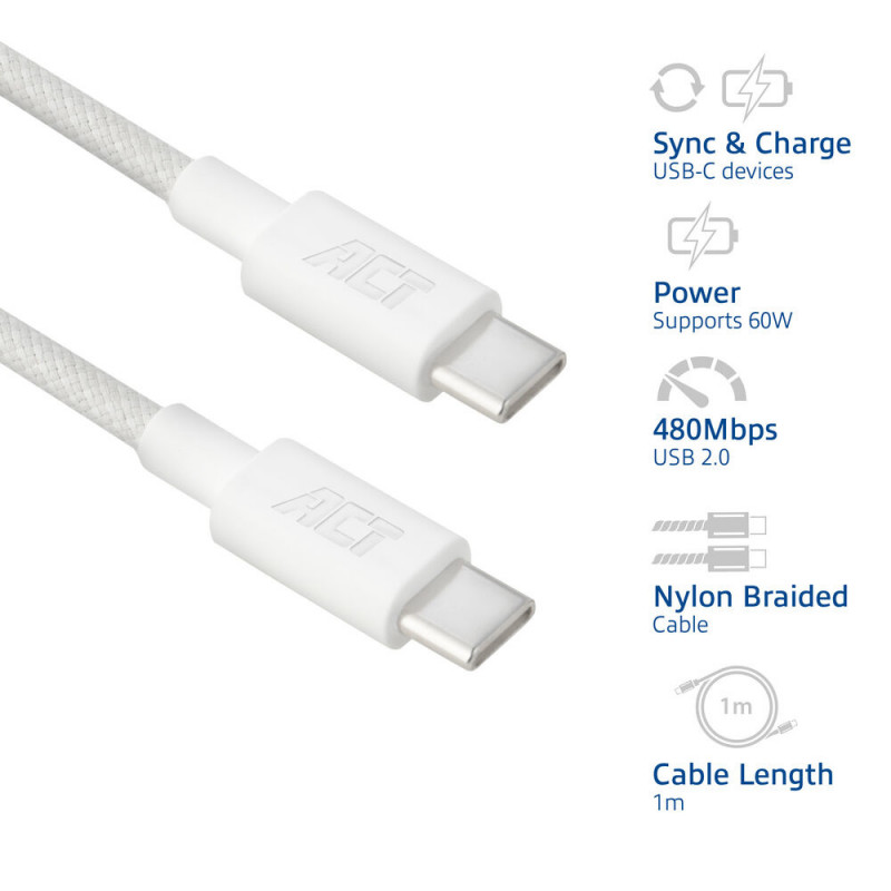 ACT Cabo de carregamento/dados USB 2.0 60W USB-C para USB-C, branco, 1 m (AC3080)