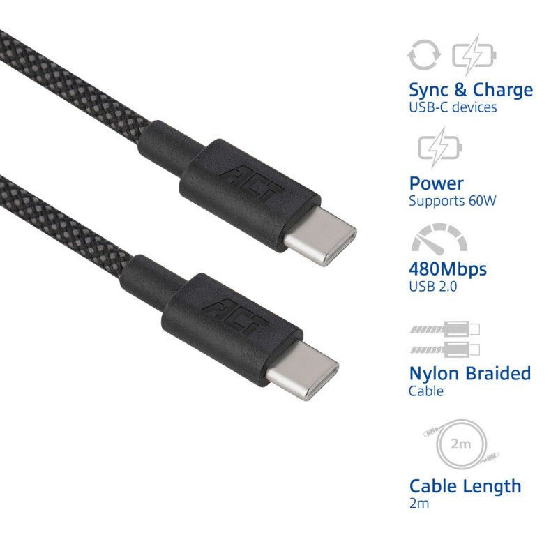 ACT Cabo de carregamento/dados USB 2.0 60W USB-C para USB-C, preto, 2 m (AC3083)