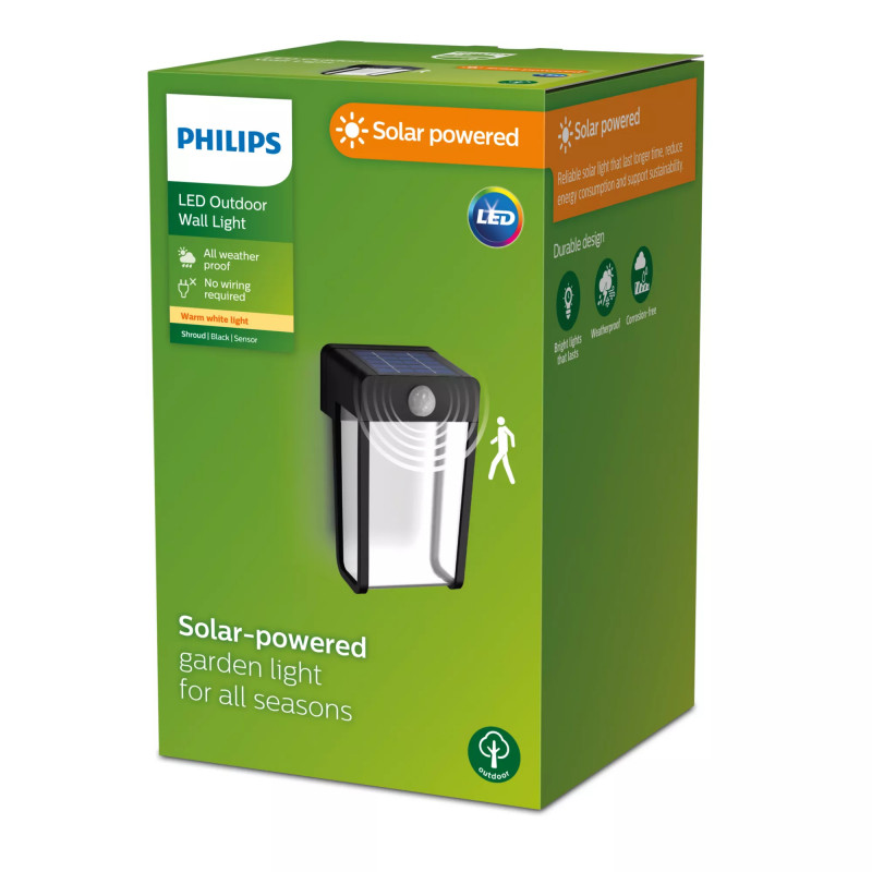Philips Outdoor Solar Shroud Candeeiro de parede 2,3W com sensor de luz do dia e movimento