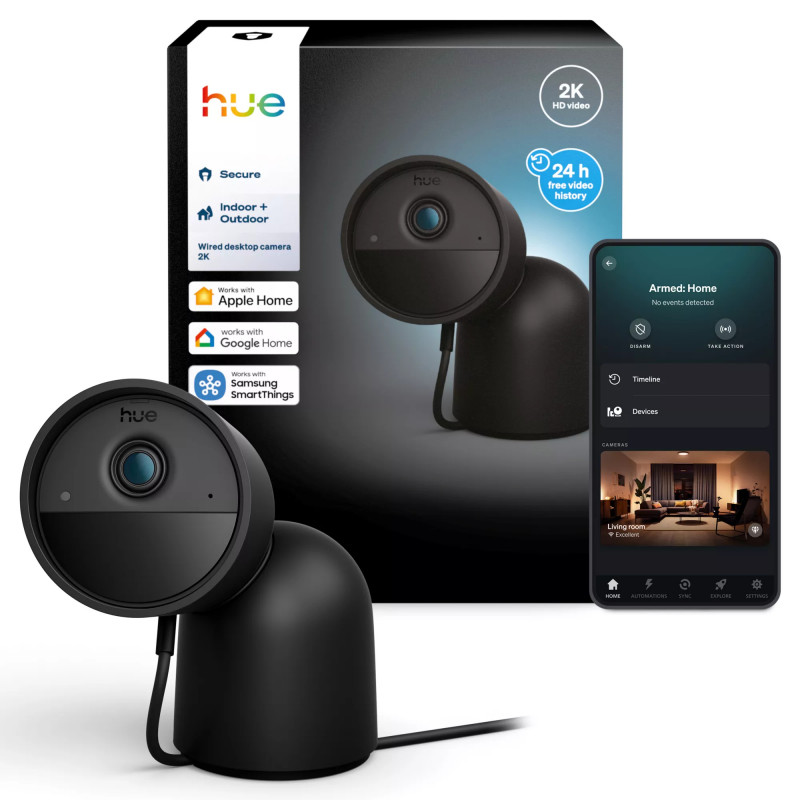 Philips Hue Secure Câmara com fios com base, resolução de vídeo 2K, preto
