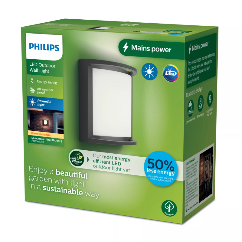 Philips Outdoor Samondra aplique de parede ultraeficiente 3,8W, 2700 Kelvin antracite