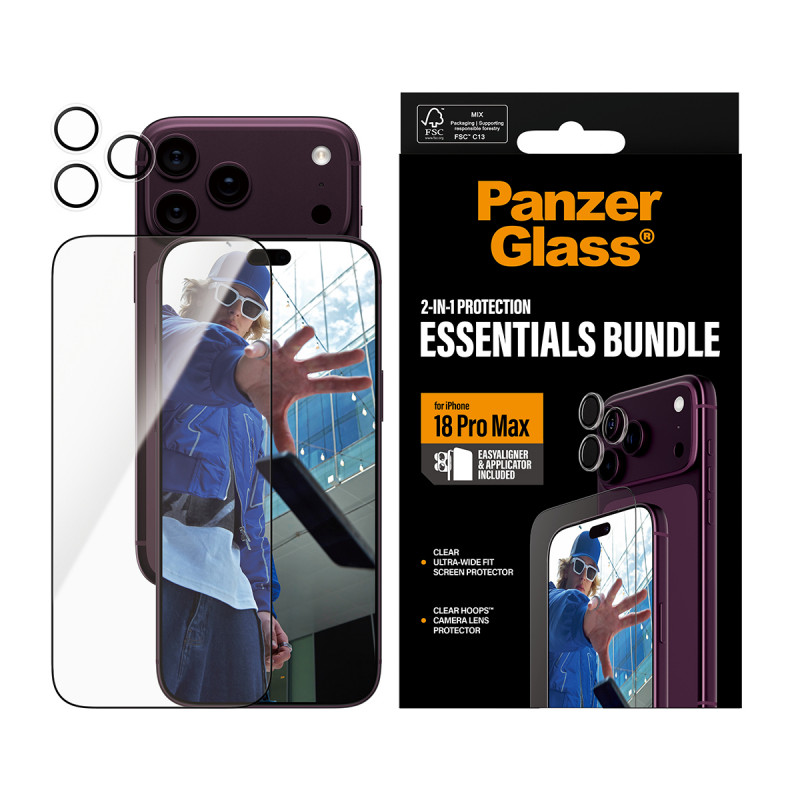 PanzerGlass 2-in-1 Essentials Conjunto de película protetora de ecrã e proteção de objetiva da câmara para iPhone 18 Pro Max