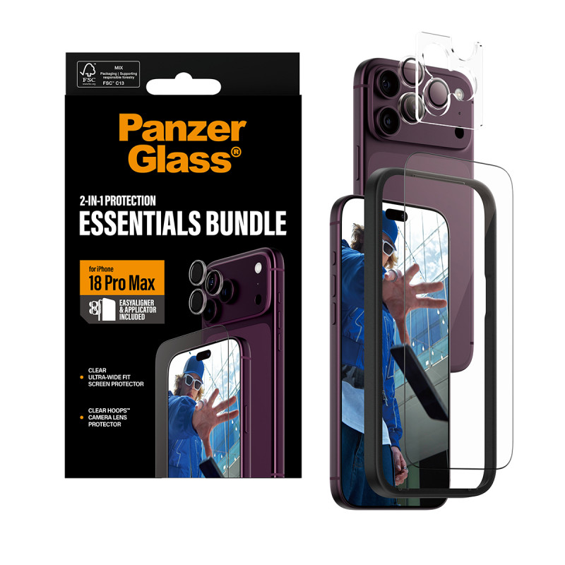 PanzerGlass 2-in-1 Essentials Conjunto de película protetora de ecrã e proteção de objetiva da câmara para iPhone 18 Pro Max