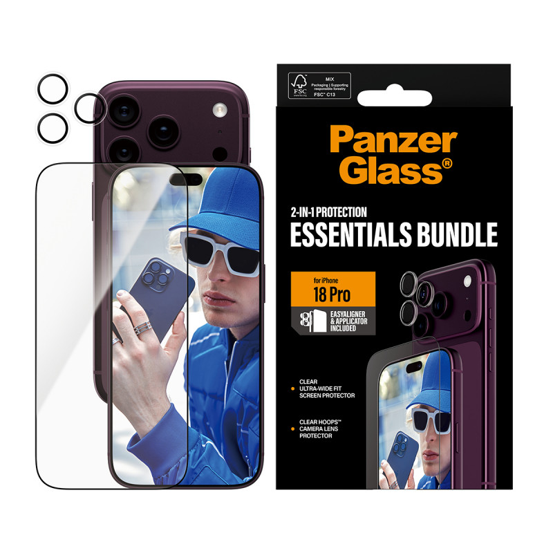 PanzerGlass Essentials 2-in-1 proteção de ecrã e proteção de objetiva de câmara para iPhone 18 Pro