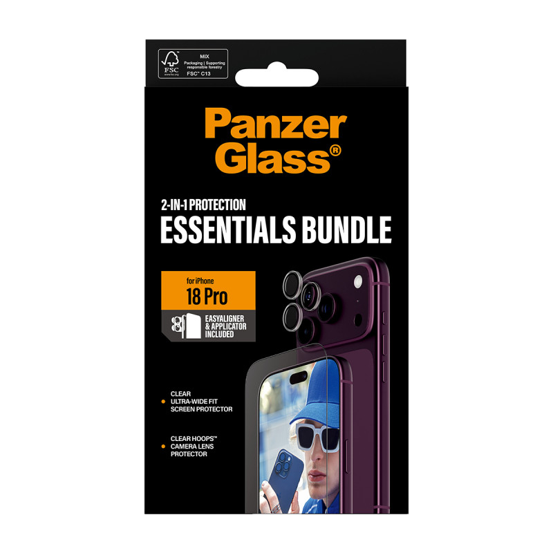 PanzerGlass Essentials 2-in-1 proteção de ecrã e proteção de objetiva de câmara para iPhone 18 Pro