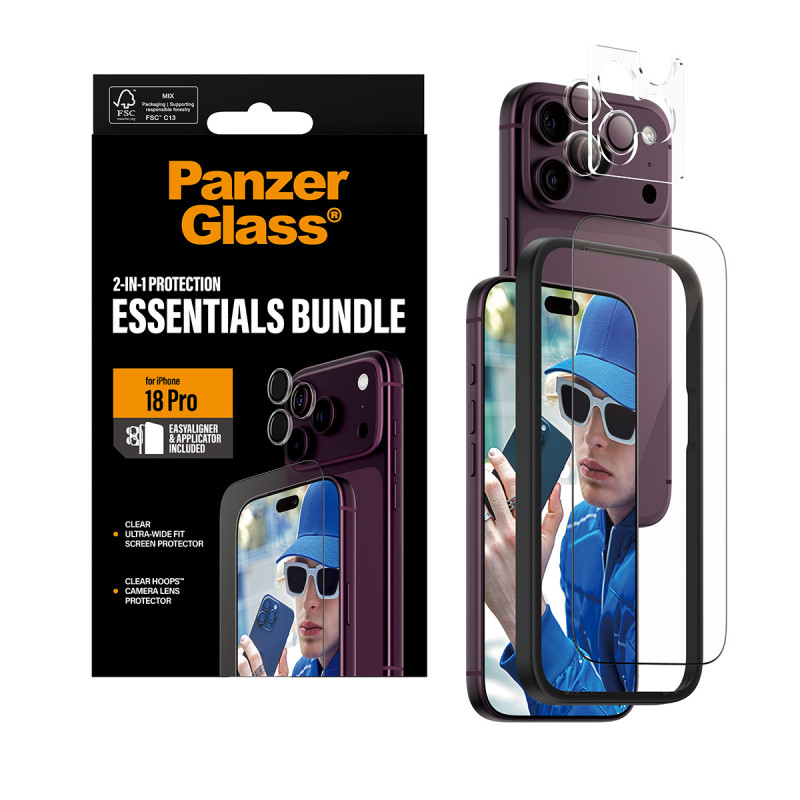 PanzerGlass Essentials 2-in-1 proteção de ecrã e proteção de objetiva de câmara para iPhone 18 Pro