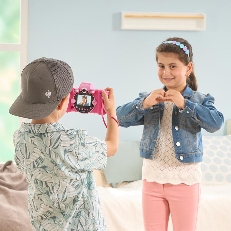 VTech Kidizoom Duo FX rosa câmara digital com lente dupla, 5MP, LCD colorido 2,4 polegadas, jogos, slot microSD, USB, 4x AA 80-519954