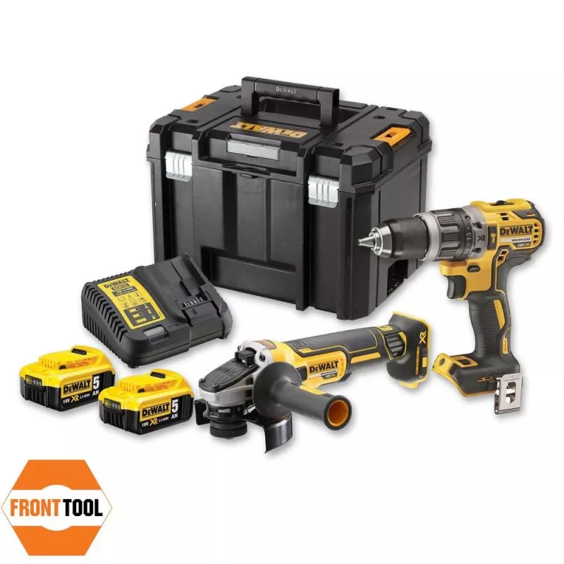 Conjunto combinado para ferramentas elétricas DeWALT DCK2080P2T-QW — 18V Li-Ion 5Ah (2x), rebarbadora DCG405, aparafusadora, rosca M14 para prato de lixar, mala de transporte