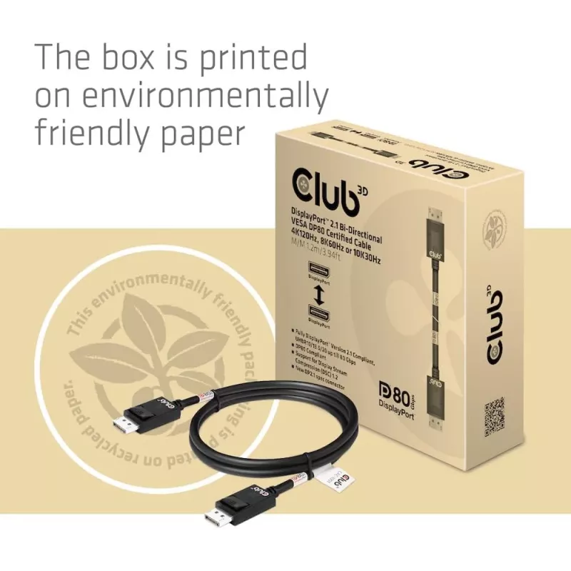 Club 3D CAC-1091 cabo DisplayPort 2.1, certificado VESA DP80, bidirecional, 4K120Hz / 8K60Hz / 10K30Hz, macho/macho, 1,2 m
