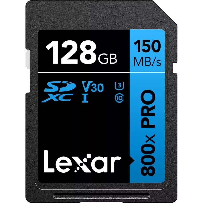 Cartão de memória SDXC Lexar 128GB UHS-I 800xPRO Class 10 U3 V30 — 150 MB/s leitura, 45 MB/s escrita, preto