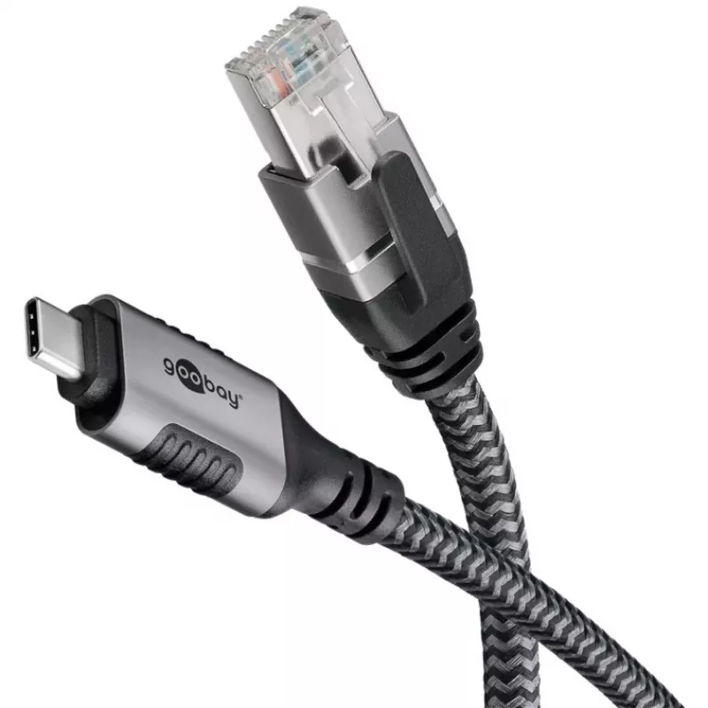 Cabo Ethernet USB-C 3.2 Gen2 macho > RJ-45 macho, adaptador LAN preto/prateado, 2 metros, revestimento têxtil entrançado