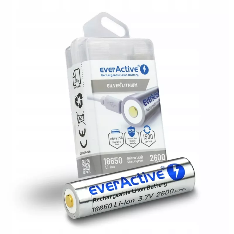 Pilha everActive 18650 3.7V Li-ion 2600mAh micro USB com proteção BOX