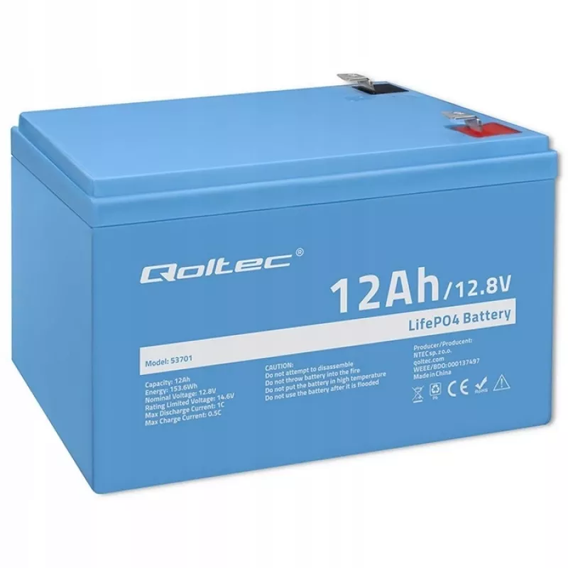Bateria Qoltec LiFePO4 Fosfato de ferro-lítio 12,8 V 12 Ah 153,6 Wh com BMS