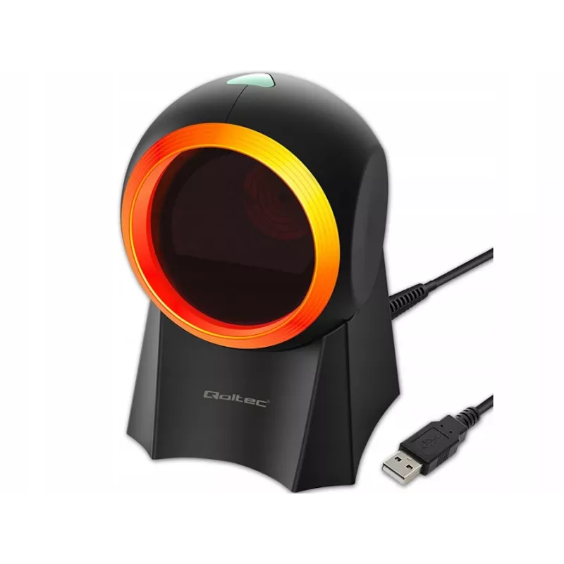 Qoltec 50857 leitor de códigos de barras de secretária com fio, 1D/2D, QR, USB, cabo de 1,75 m