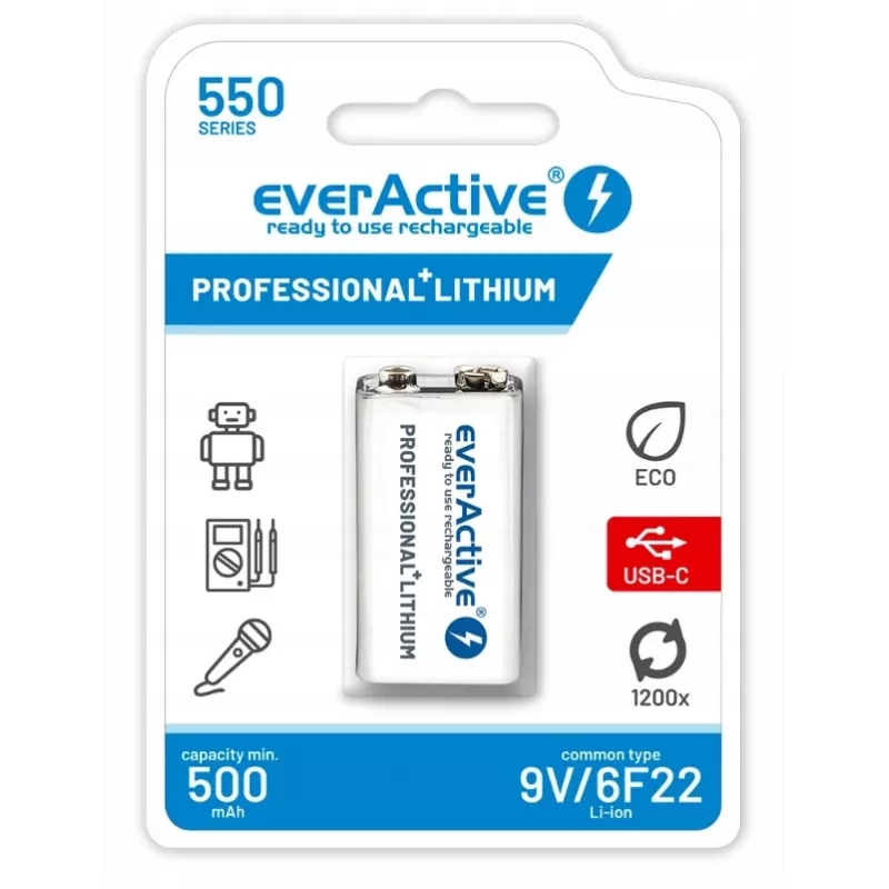 Bateria recarregável everActive 6F22/9V Li-ion 550 mAh com USB TYPE C