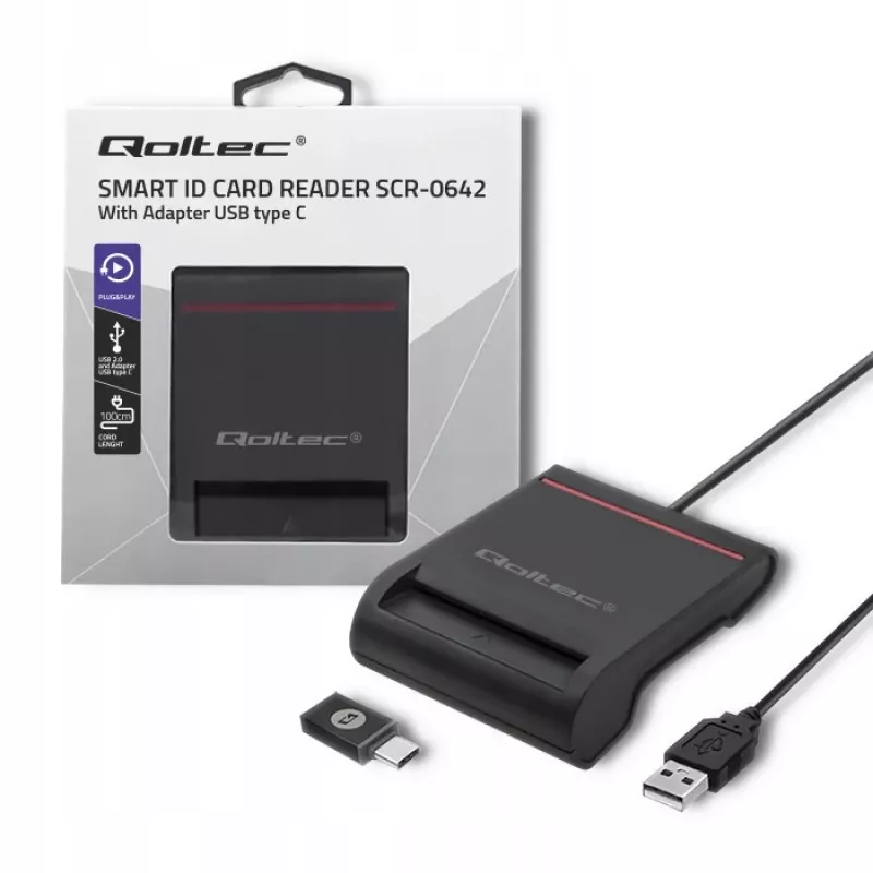 Leitor de cartões de ID QOLTEC Smart-Chip — USB, preto, 84,5×65×16 mm, 63 g