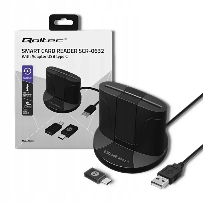 Leitor de cartões inteligentes Qoltec 50632 USB 2.0 preto cabo 1m