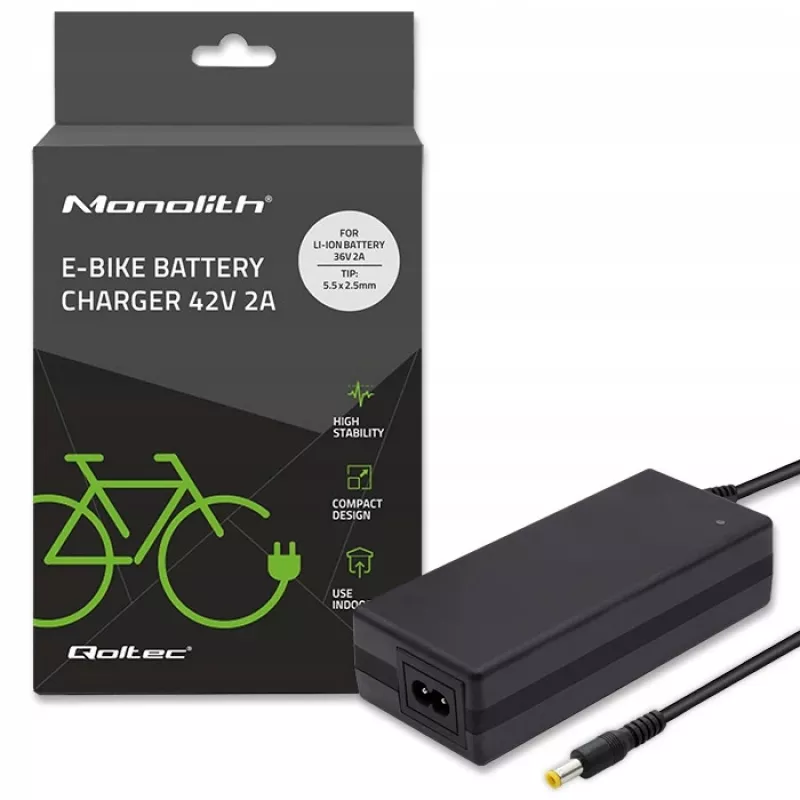 Carregador Qoltec 50761 para baterias de e-bike 36V | 42V | 2A | 5,5*2,5