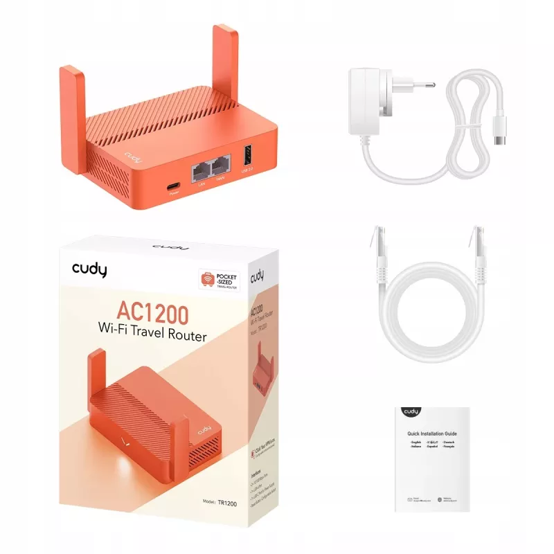 Router portátil Cudy AC1200 (TR1200) – Laranja, alimentação por rede, 1x RJ-45 LAN/WAN, USB 2.0