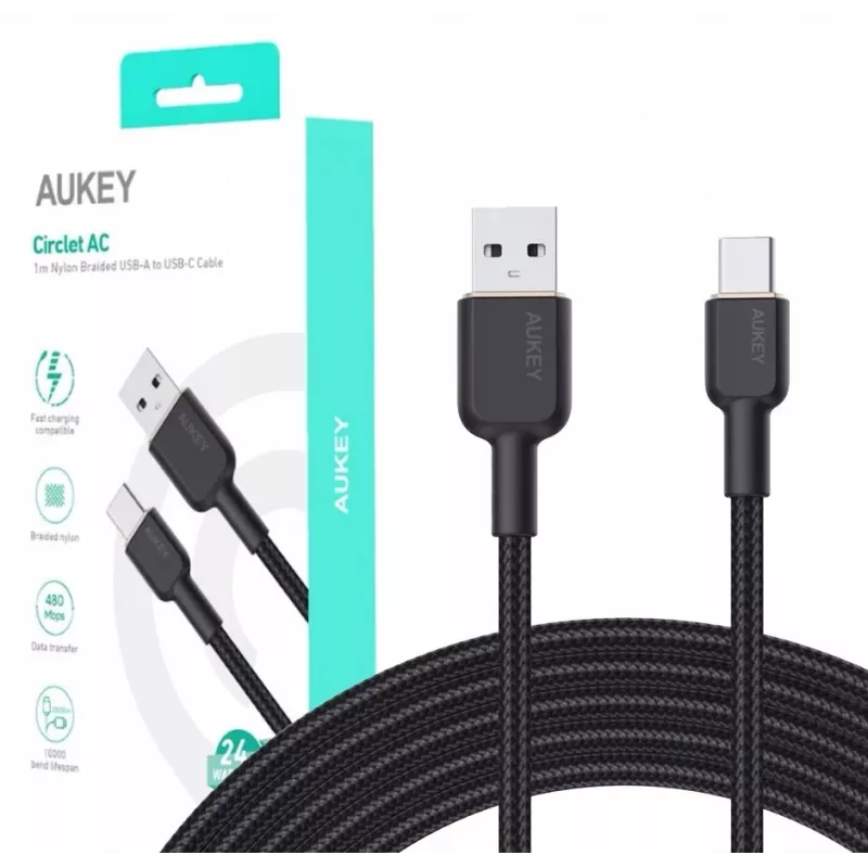 Cabo USB-A para USB-C Aukey CB-NAC1, 1 m, nylon entrançado, USB PD 60 W, USB 2.0