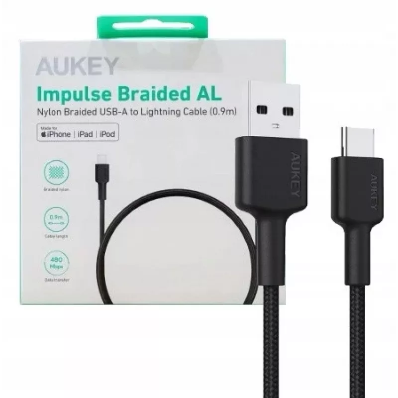 AUKEY CB-CD30 cabo de USB-A para USB-C 0,9 m, entrançado de nylon, 60W PD, 3A, preto