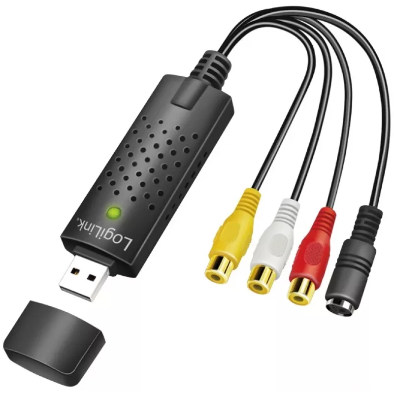 Placa de captura USB 2.0 A/V LogiLink. USB A macho para 3xCinch + MiniDIN5 fêmea. Preto