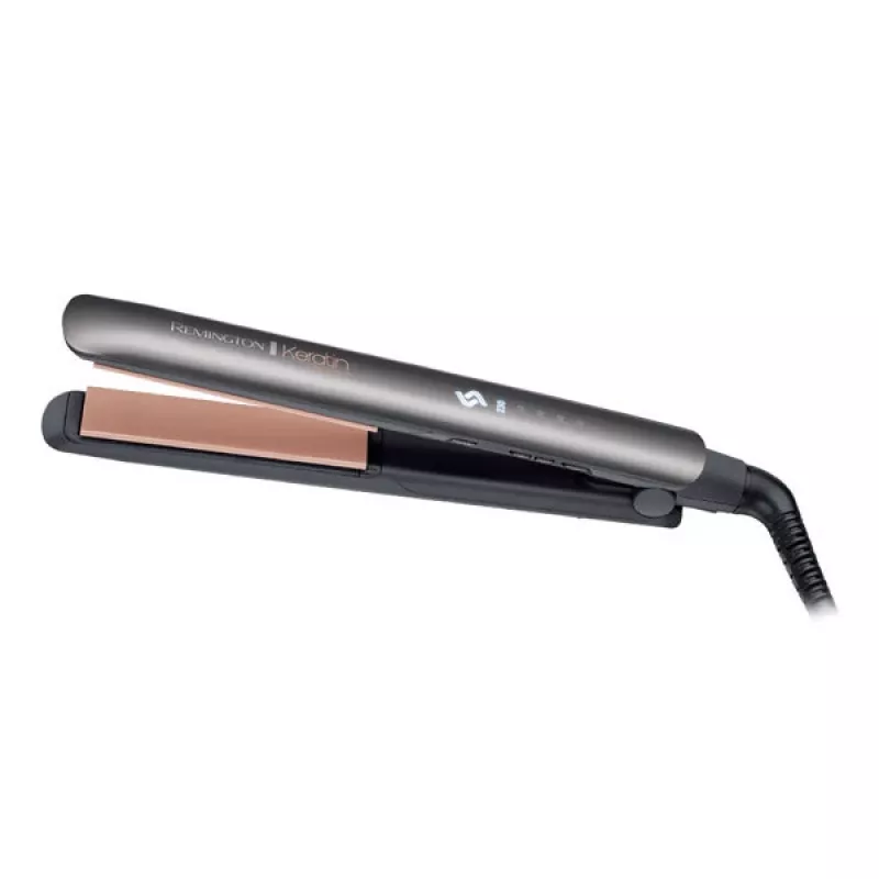 Ferro de alisar Remington S8598 Warm preto cinzento — placas de cerâmica 11 cm, 5 níveis de temperatura, 160–230 °C, cabo de 3 m, bolsa de transporte