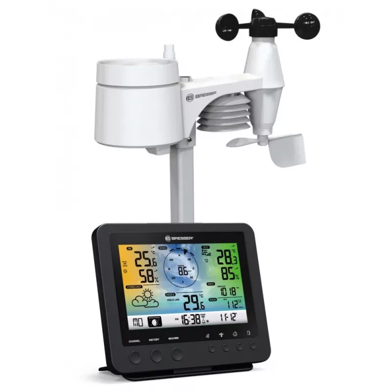 Bresser 7002580 Weather Center 5-in-1 estação meteorológica digital Wi-Fi com sensor profissional, ecrã de 5,7″, alimentação elétrica, preta