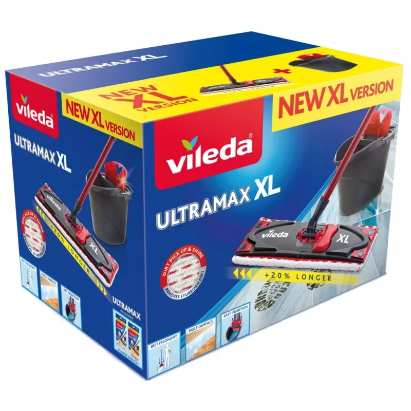 Mopa VILEDA Ultramax XL Box — cabeça rotativa 360° de microfibra lavável, dobrável, para pavimentos duros