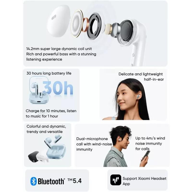 Xiaomi Redmi Buds 6 Active BHR8391GL auriculares intra-auriculares True Wireless, Bluetooth 5.4, IPX4, alcance até 10 m, brancos