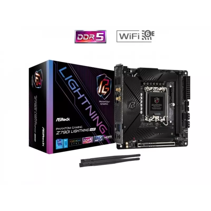 Placa-mãe ASRock Z790I LIGHTNING WIFI — Intel Z790, LGA 1700, Mini-ITX, DDR5 até 8600 MHz, 2x DIMM, Wi‑Fi 6E, 2.5Gb LAN, 2x M.2