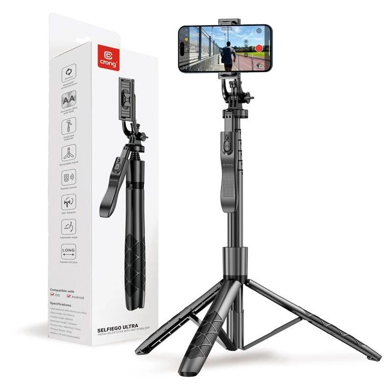 Bastão de selfie com tripé Crong CRGSGU1BLK alumínio Bluetooth com pernas dobráveis e suporte para telemóvel
