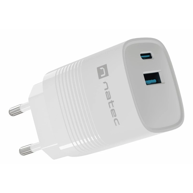 Carregador com fio para dispositivos móveis NATEC NUC-2140, 30W, USB-C PD 3.0 + USB-A, Samsung AFC, branco