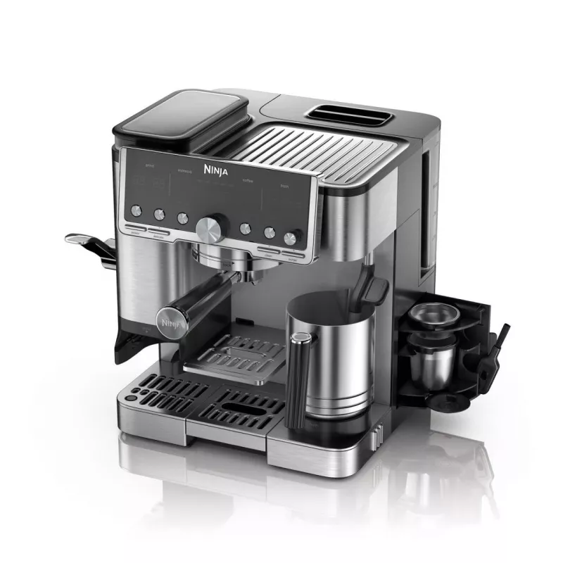 Máquina de café expresso Ninja ES701EU – café/expresso semiautomático, moinho integrado, depósito de água 2 l, 1650 W, 25 níveis de moagem, recipiente de leite, bomba de 14 bar
