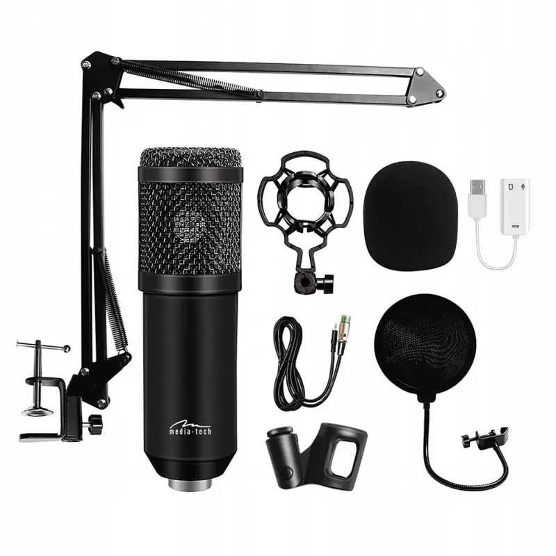 Microfone para PC com fios MEDIA-TECH MT397K com entrada XLR, suporte de mesa, cabo de 2,4 m, 20–20000 Hz, sensibilidade -32 dB