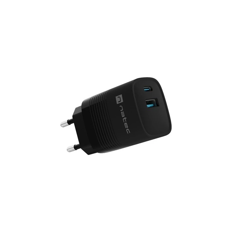 Carregador com fio NATEC para dispositivos móveis NUC-2141, 30W, USB-C PD 3.0 + USB-A QC 3.0, 110–240V, preto