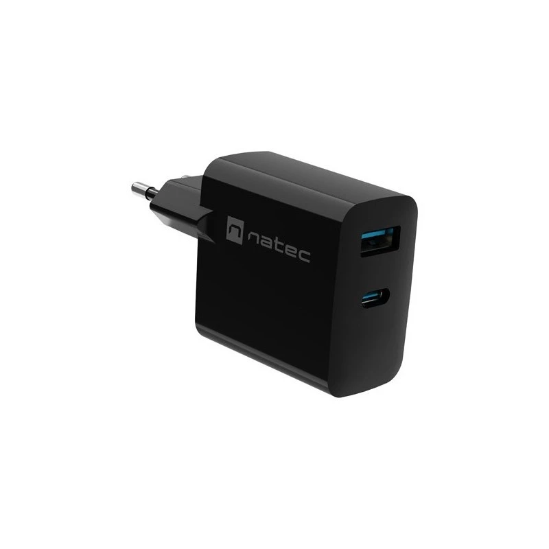 Carregador com fios para dispositivos móveis NATEC NUC-2145, 65 W, USB-C PD 3.0 + QC 3.0, 1x USB-C, 1x USB-A, 110–240 V, preto