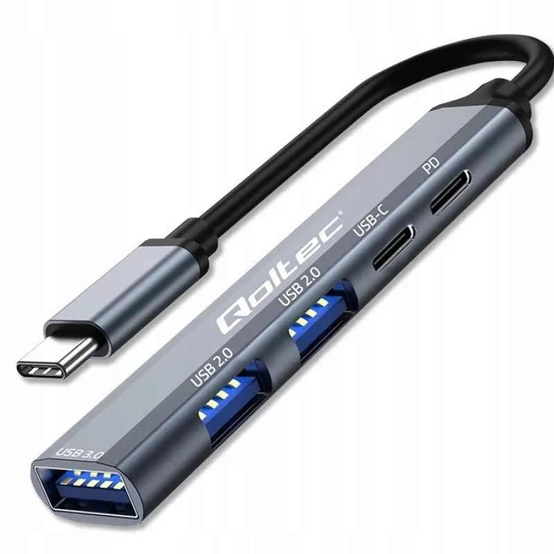 Qoltec 53790 Hub adaptador USB-C 3.1 5em1 | USB-C PD | USB-C | 2x USB 2.0 | USB 3.0