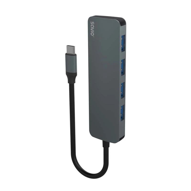Hub USB SAVIO AK-54 — 4 x USB-A (USB 3.2 Gen 1), host USB-C, preto