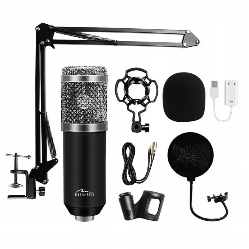Microfone para PC MEDIA-TECH MT397S — com fios, entrada XLR, 20–20000 Hz, 150 Ω, -32 dB, cabo de 2,4 m, suporte de mesa, preto