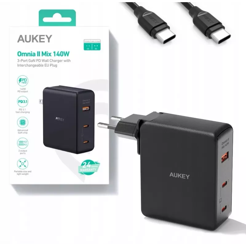 Carregador de parede Aukey PA-B7O, 3×USB, tecnologia GaN