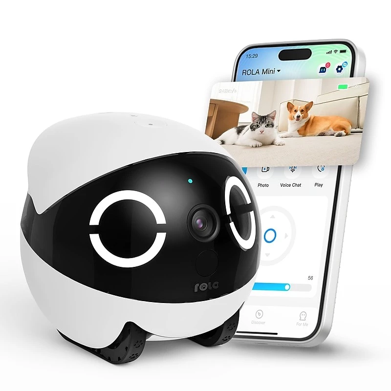 Enabot ROLA Mini robô companheiro para animais de estimação, laser, 5000 mAh, branco/preto
