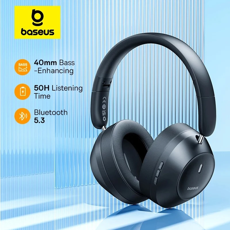 Baseus Bass 30 Max Headset sem fios Bluetooth 5.3 Auscultadores over-ear com reforço de graves diafragma 40mm latência ultrabaixa auriculares 50H