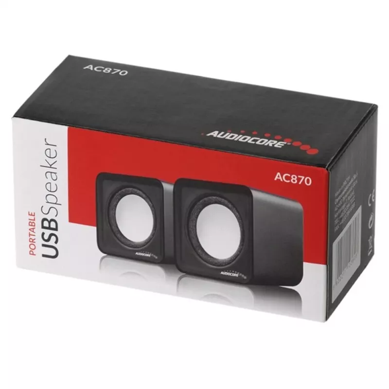 Altifalantes para PC 2 vias Audiocore AC870 B — 3 W RMS, alimentação USB com fios, entrada de 3,5 mm, 2.0 canais