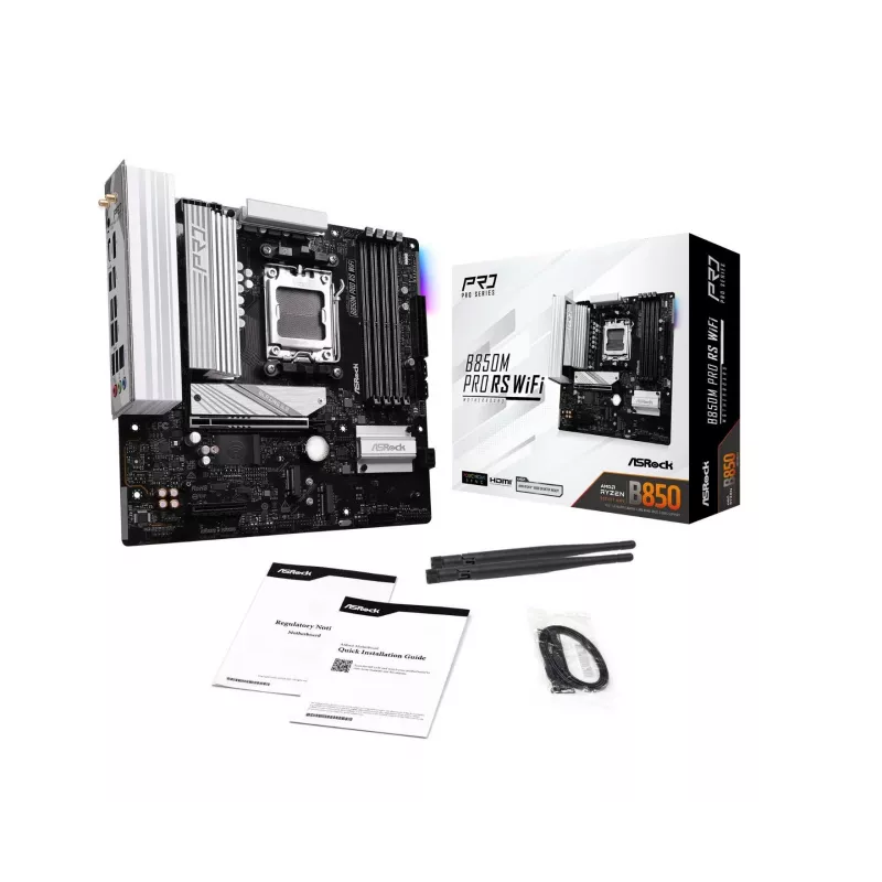 Placa-mãe ASRock B850M Pro RS WiFi — AMD B850, socket AM5, microATX, DDR5, 4 DIMM, 256GB, Wi‑Fi 6E, 2.5Gb LAN, 3x M.2