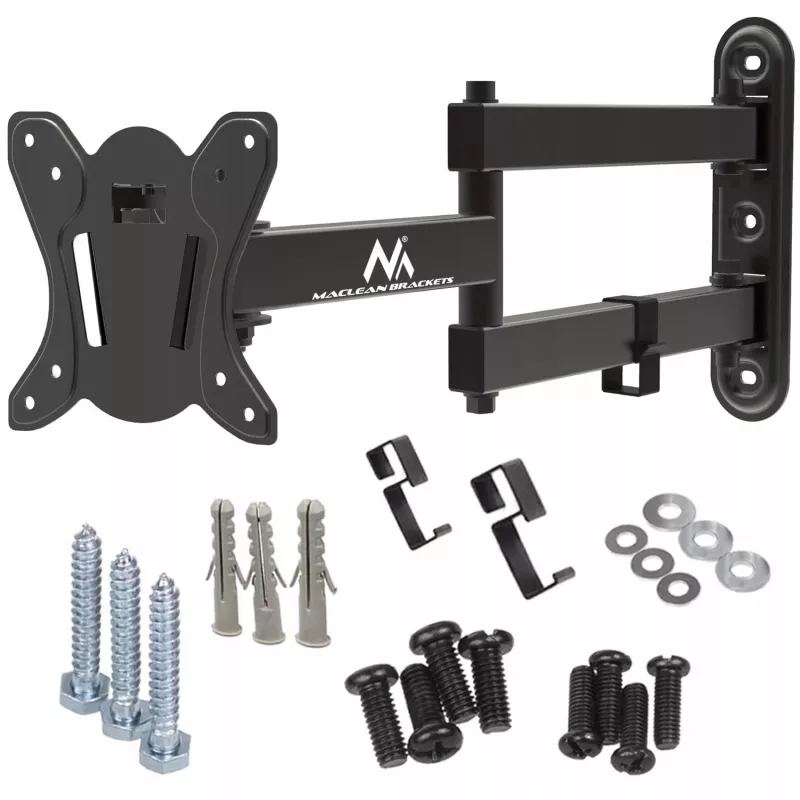 Suporte de parede para TV/monitor Maclean MC-417 totalmente articulado 13-32 30kg máx. VESA 100x100 preto com pintura em pó suporte universal ajustável distância à parede ajustável rotativo inclinável